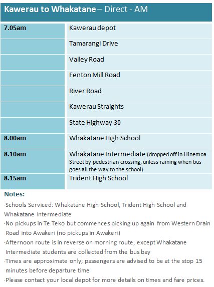 Kawerau to Whakatane Direct - School Bus Timetable