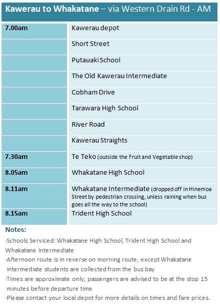 Kawerau to Whakatane - via Western Drain Road - School Bus Timetable